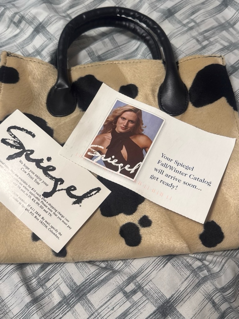 Spiegel Beige and Black Cowhide Spot Tote with Black Handles